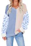 Women’s V Neck Sweater Color Block Leopard Pullover Jumper Tops