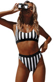 Athletic Striped High Waisted Bathing Suits For Women