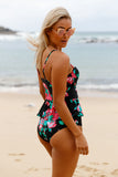 2pcs maillot de bain tankini rose à volants imprimé feuille verte