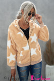 Women's Camo Stars Print Zipper Fleece Hooded Coat with Pockets