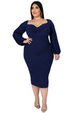 Women's Long Sleeve V Neck Midi Dress Front Knot Plus Size Bodycon Dresses