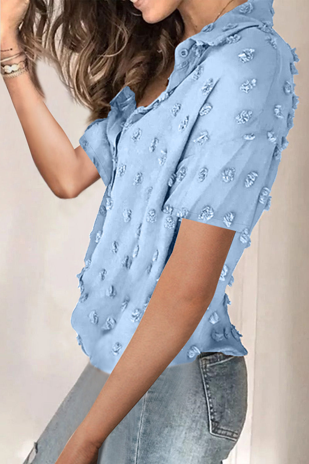 Short Sleeve Shirt For Women Swiss Dot Turn Down Collar Tops