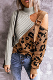 Women's Cold Shoulder Leopard Pullover Asymmetrical Buckle Sweater