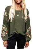 Floral Embroidery Crew Neck Long Sleeve Tops