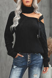 Women's  Strapped Cut Out Shoulder Knitted Top Solid Color Turtleneck Sweater