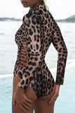 Womens Rash Guard Animal Print Zipper Cut Out Swimsuit