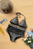 Womens High Waist Two Pieces Bikini Set Halter Striped Tassel Trim Swimsuit