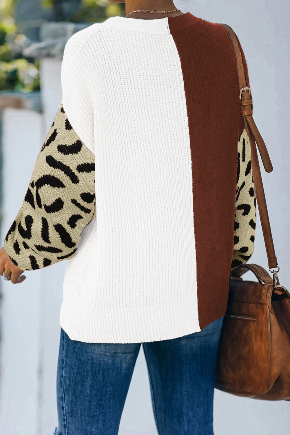 Pull à col en V pour femmes Color Block Leopard Pullover Jumper Tops