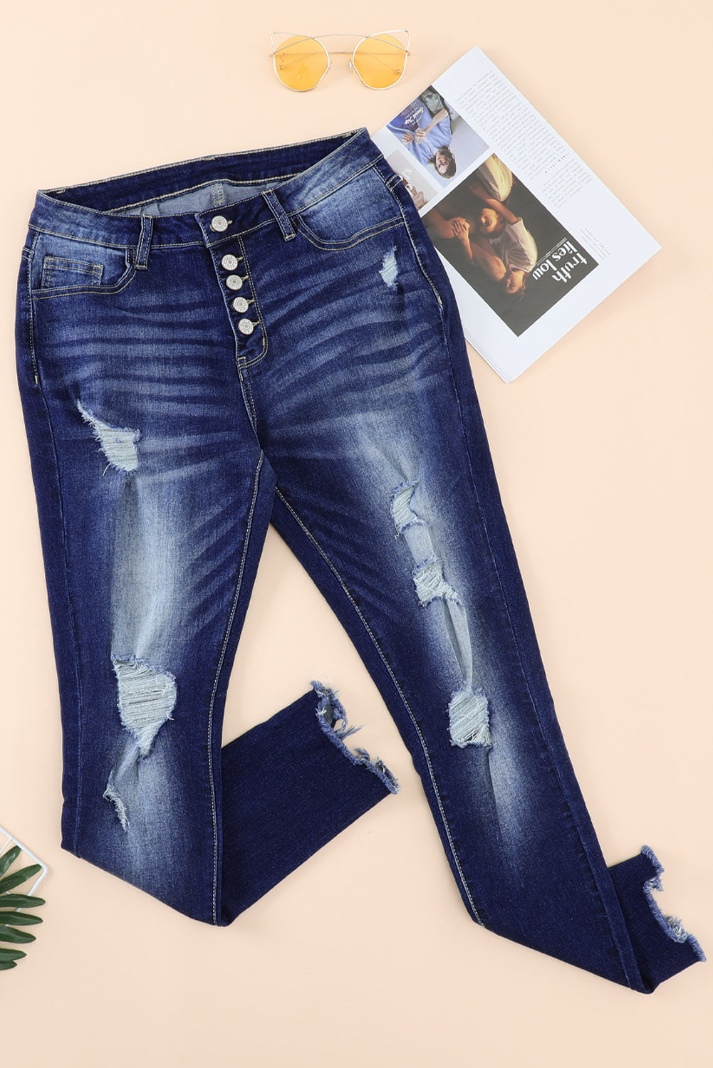 High Rise Button Front Frayed Ankle Skinny Jeans