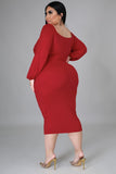 Women's Long Sleeve V Neck Midi Dress Front Knot Plus Size Bodycon Dresses