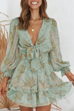 Deep V Neck Lantern Sleeve Knotted Tiered Mini Dress