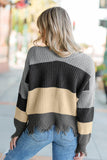 Womens Casual Striped Distressed Sweater Colorblock Sweater