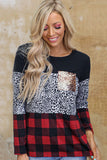 Plaid Splicing Sequin Pocket Long Sleeve Top