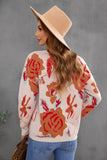 Women's Pink Floral Pattern Drop Shoulder Crew Neck Sweater