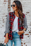 Plaid Splicing Hit Color Pockets Turndown Collar Long Sleeve Shirt