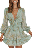 Deep V Neck Lantern Sleeve Knotted Tiered Mini Dress