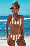 Athletic Striped High Waisted Bathing Suits For Women