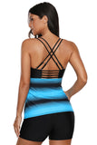Womens Criss Cross Ombre Print Strappy Tankini Top with Boyshorts Swimsuit Bathing Suits