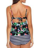 2pcs maillot de bain tankini rose à volants imprimé feuille verte