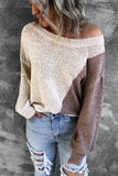 Women Oversized Ribbed Knit Pullover Top Asymmetric Colorblock Knitted Sweater