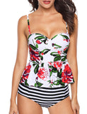 2pcs maillot de bain tankini rose à volants imprimé feuille verte