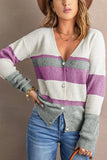 Cardigan boutonné à col en V pour femmes Pull en tricot colorblock