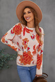 Women's Pink Floral Pattern Drop Shoulder Crew Neck Sweater