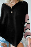 Women's Lantern Sleeve Striped Raglan Sleeve Drop Shoulder V Neck Buttoned Sweater