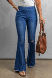 Butterfly Print Distressed Elastic High Waist Flare Jeans