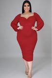 Women's Long Sleeve V Neck Midi Dress Front Knot Plus Size Bodycon Dresses