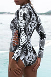 Womens Rash Guard Animal Print Zipper Cut Out Swimsuit