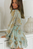 Deep V Neck Lantern Sleeve Knotted Tiered Mini Dress