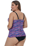 Women's Plus Size Tummy Control Striped Flyaway Tankini Top Swimsuit with Triangle Briefs