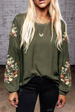 Floral Embroidery Crew Neck Long Sleeve Tops