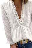Swiss Dot Long Deep V Neck Pleated Sleeve Top