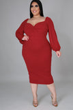 Women's Long Sleeve V Neck Midi Dress Front Knot Plus Size Bodycon Dresses