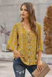 Womens V Neck Print Bell Sleeve Blouse