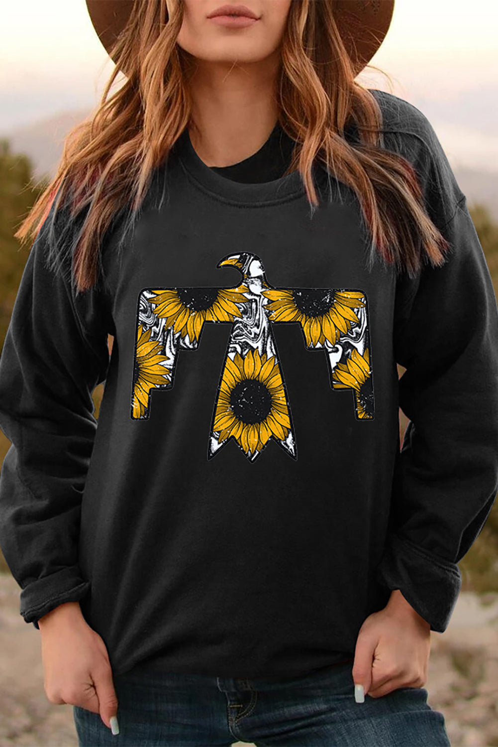 Sweat-shirt noir Western Sunflower Bird Graphic