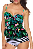 2pcs maillot de bain tankini rose à volants imprimé feuille verte