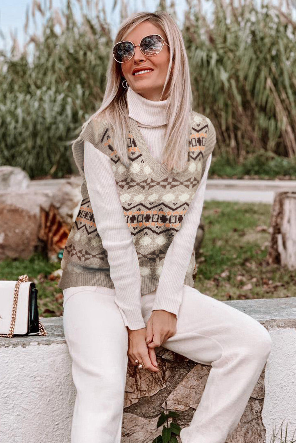 Pull tricoté à imprimé tribal pour femmes, haut sans manches à col en V