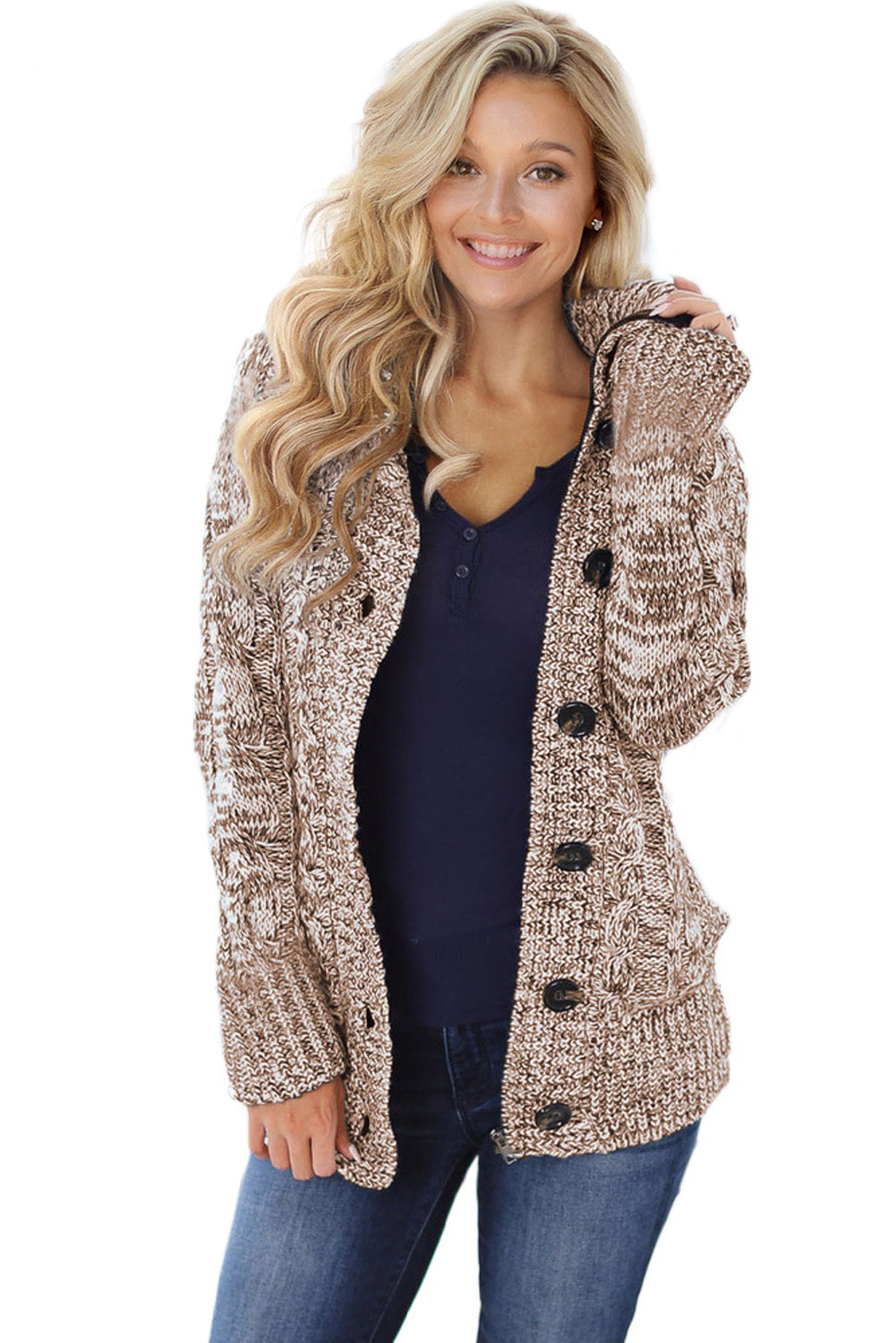 Women Hooded Cable Knit Cardigan Long Sleeve Button-up Chunky Coat with Pockets