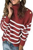 Women's Button Shoulder Striped Sweater Mock Neck Long Sleeve Knit Pullover Jumper Tops