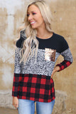 Plaid Splicing Sequin Pocket Long Sleeve Top