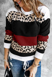 Women's Jumper Tops Crewneck Leopard Color Block Knit Pullover Sweater
