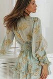 Deep V Neck Lantern Sleeve Knotted Tiered Mini Dress