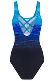 Womens Scoop Neck Print One Piece Swimsuit Criss Cross Back Swimwear Bathing Suits