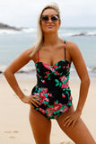 2pcs maillot de bain tankini rose à volants imprimé feuille verte