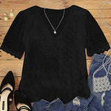 Swiss Dot V Neck T Shirt With Lace Trim