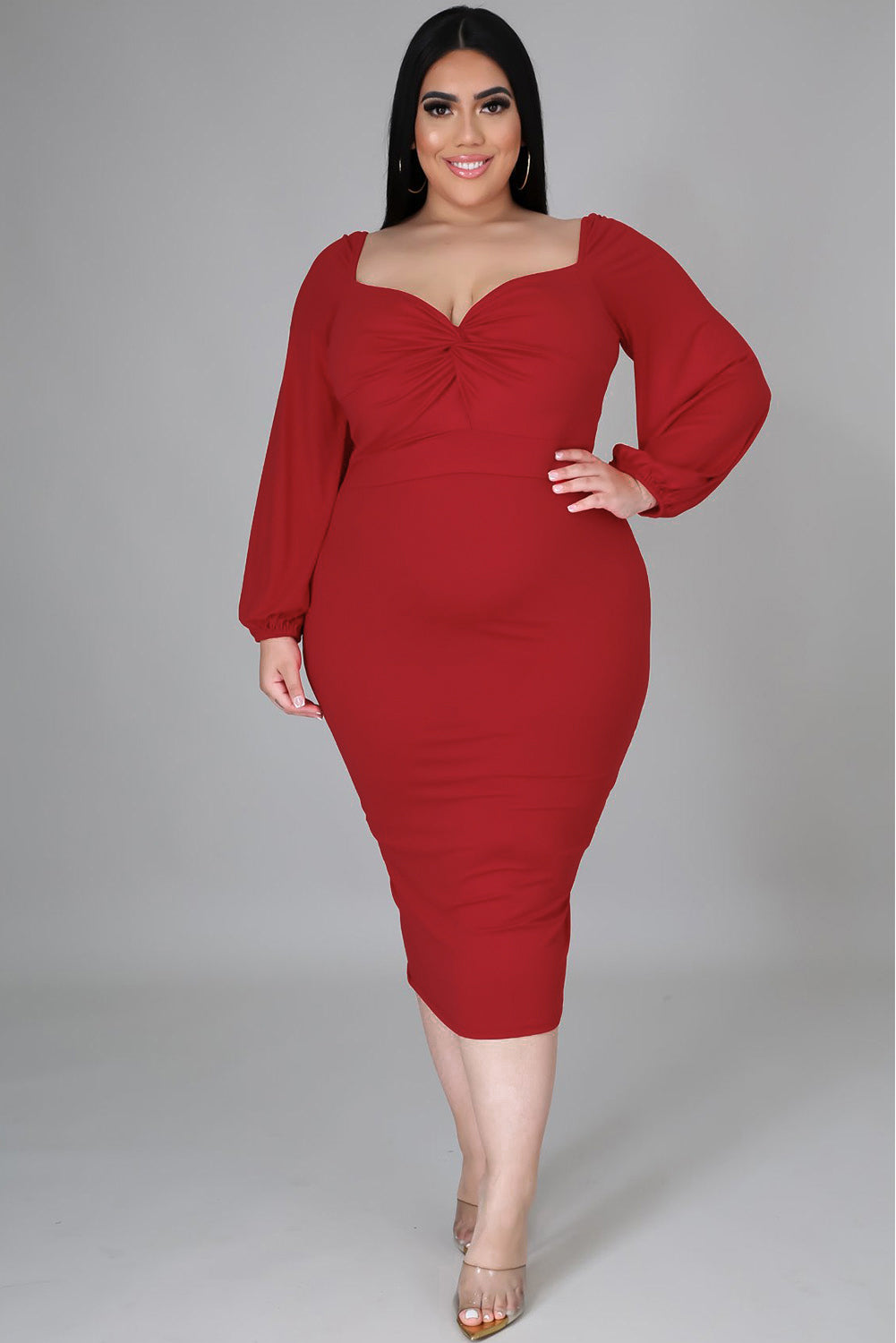 Women's Long Sleeve V Neck Midi Dress Front Knot Plus Size Bodycon Dre PinkQueenShop Women's Long Sleeve V Neck Midi Dress Front Knot Plus Size Bodycon Dre PinkQueenShop