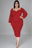 Women's Long Sleeve V Neck Midi Dress Front Knot Plus Size Bodycon Dresses